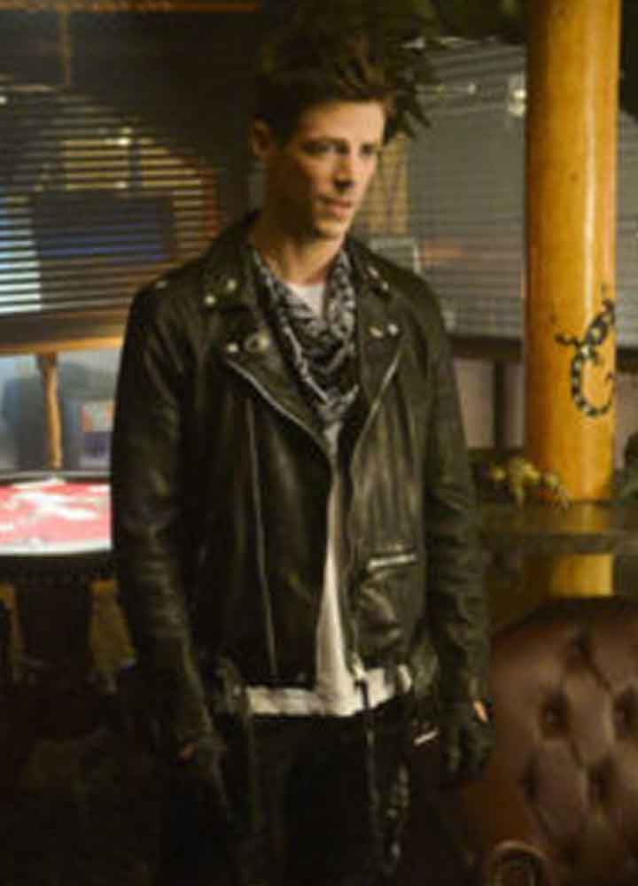 THE FLASH ELSEWORLDS (BARRY ALLEN) GRANT GUSTIN BLACK LEATHER JACKET